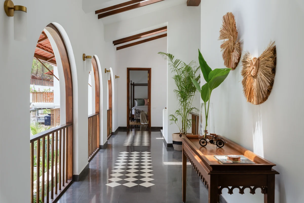 Beautiful flower adorned corridor at our villa in Assagao