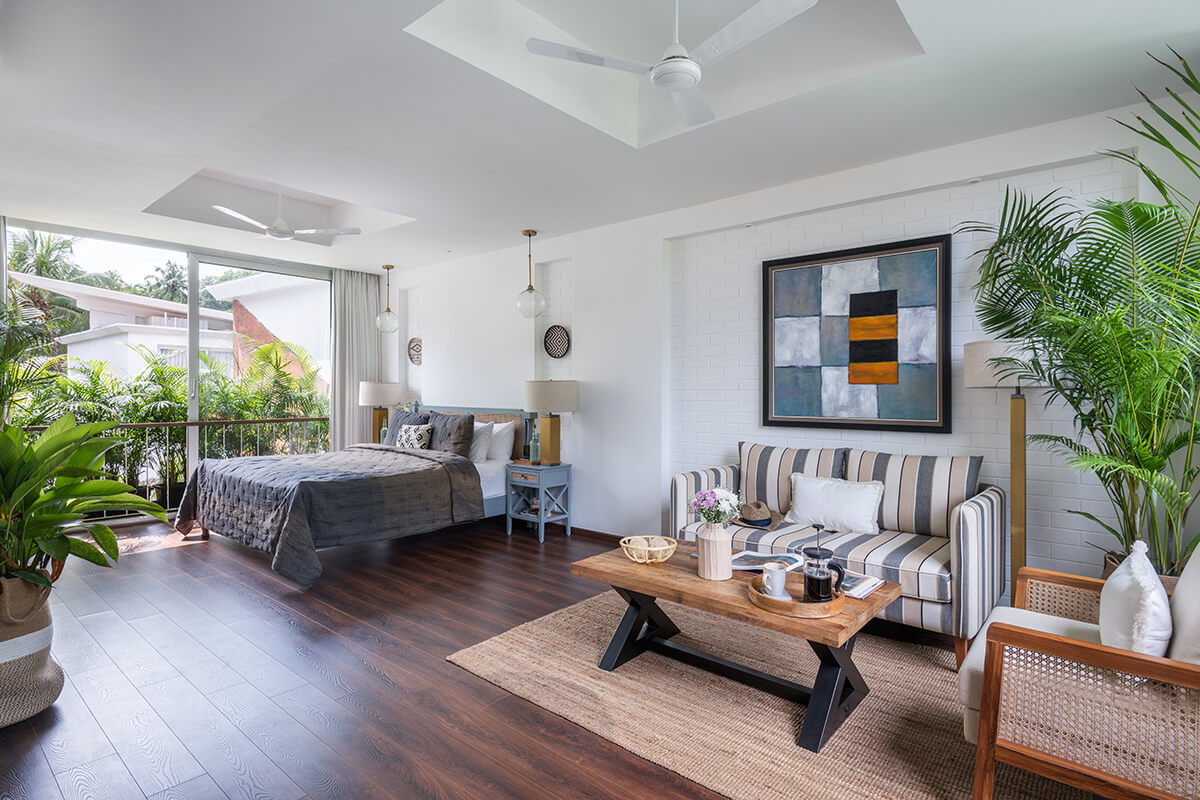 Wood flooring at a bedroom of our 3bhk villa in Goa