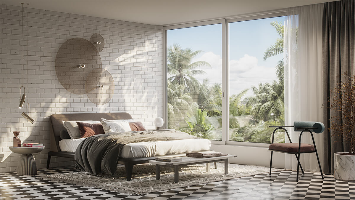 Black and white terrazzo tiled bedroom at a villa in Assagao